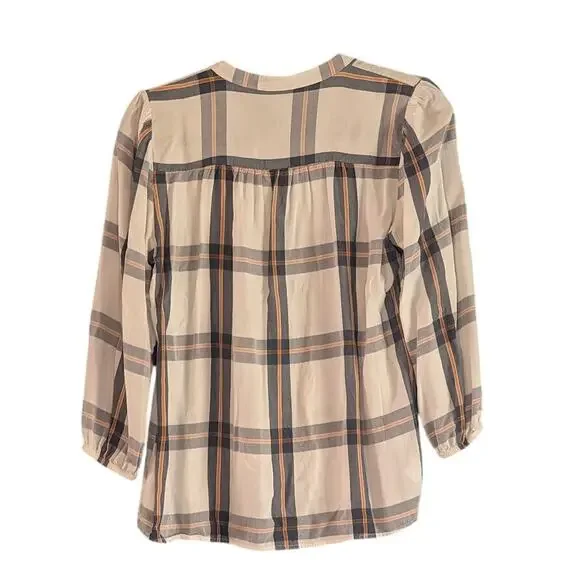 Ann Taylor Loft Top Womens Small Cream Navy Blue Plaid Henley Blouse 3/4 sleeves - Picture 3 of 3